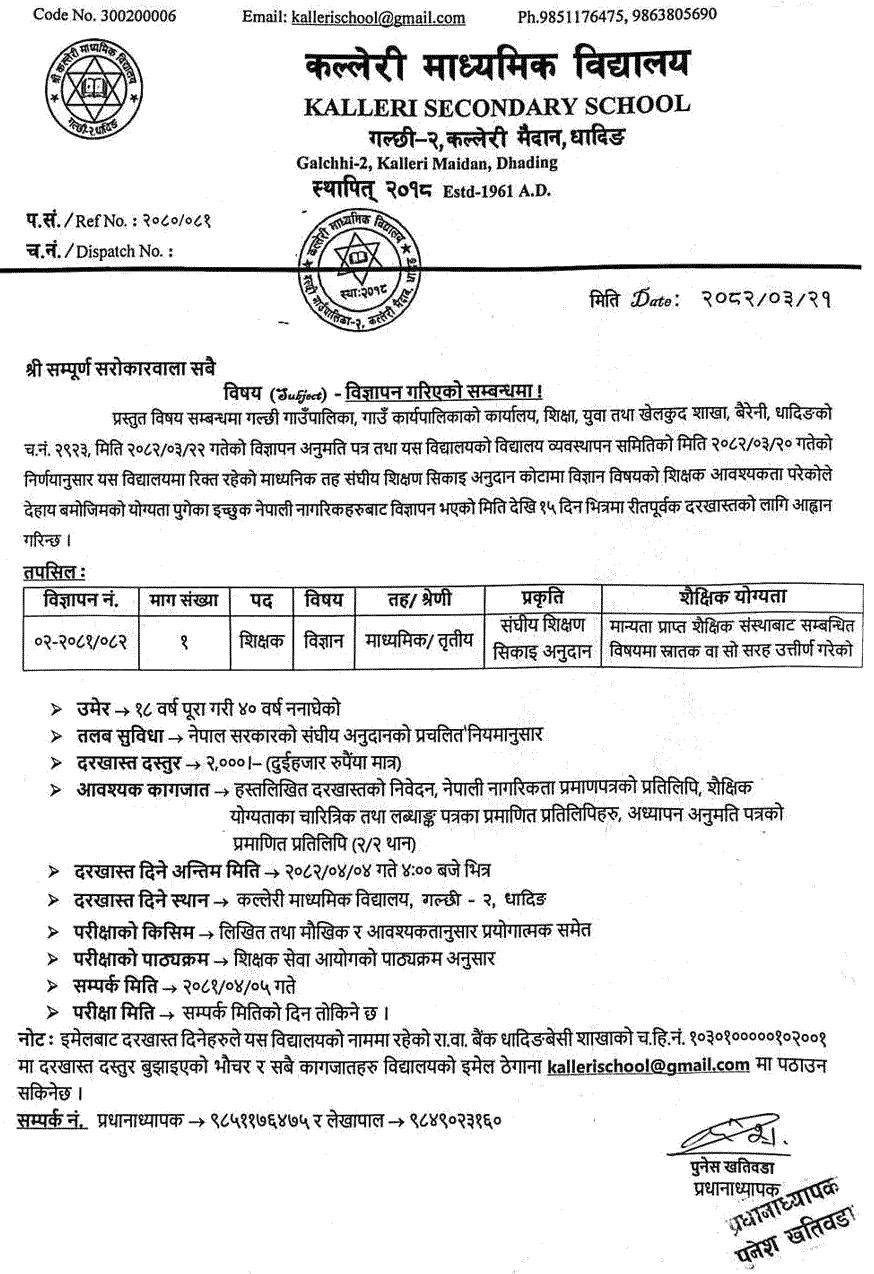 Science Teacher Vacancy at Kalleri Secondary School Dhading 