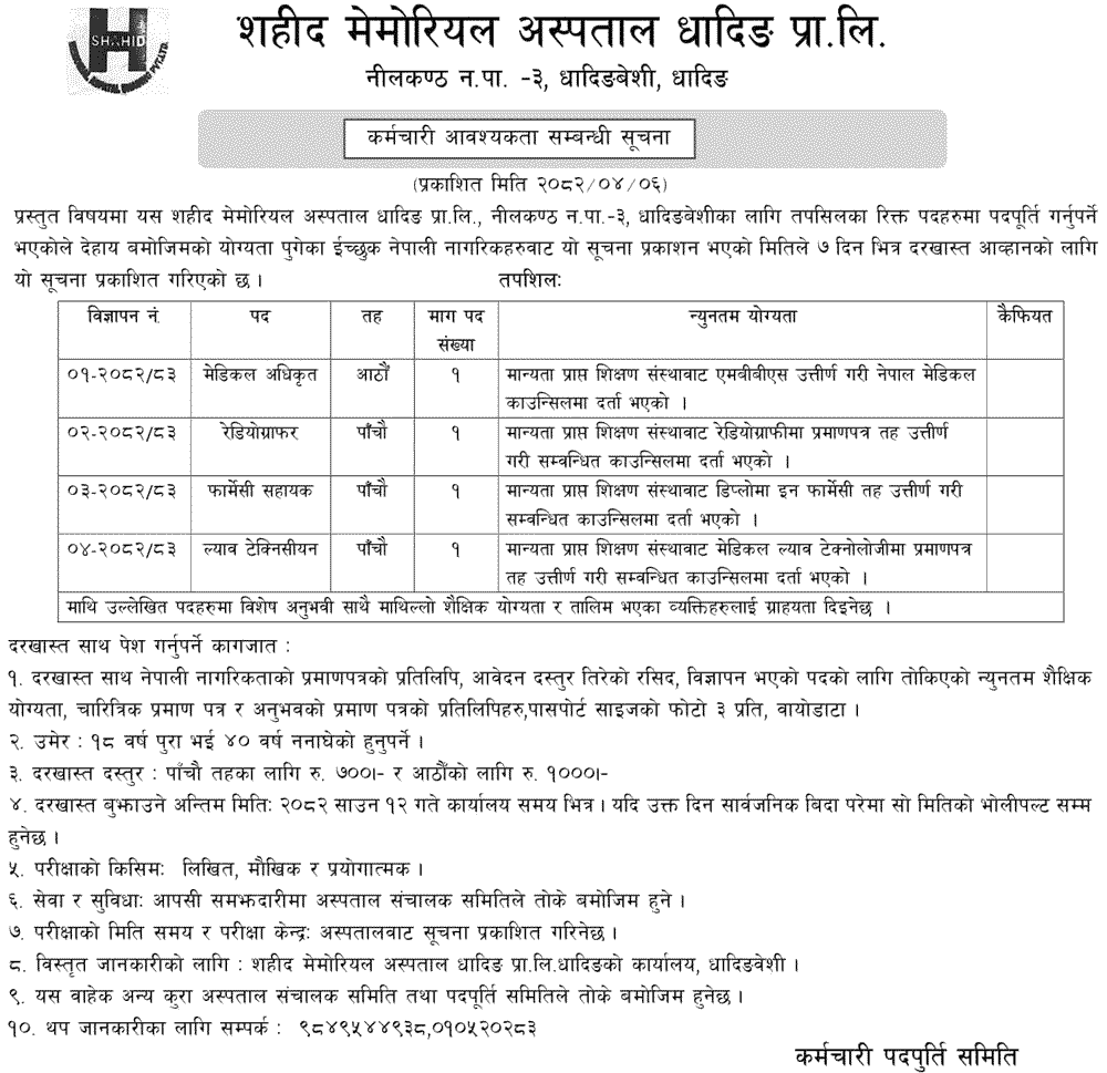 Shahid Memorial Hospital Dhading Job Vacancy 2082 