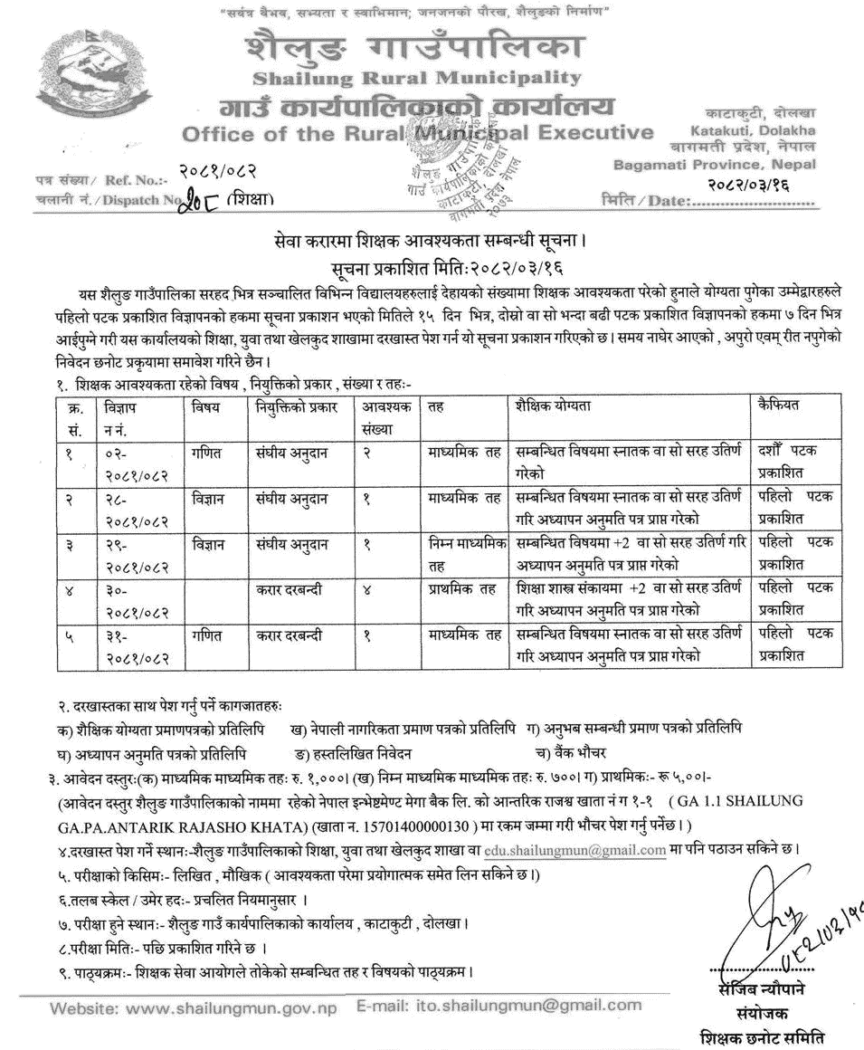 Shailung Rural Municipality Teacher Vacancy 2082 
