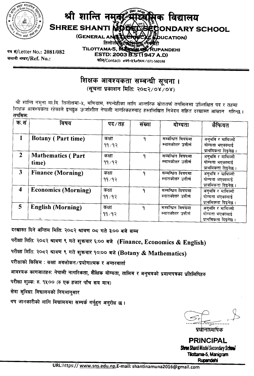 Shanti Model Secondary School Teacher Vacancy 2082 