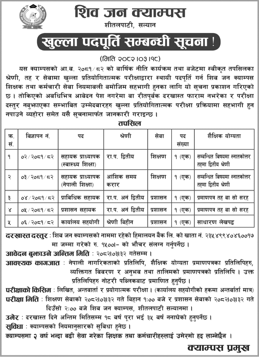 Shiv Jan Campus Salyan Vacancy for Various Positions 2082 