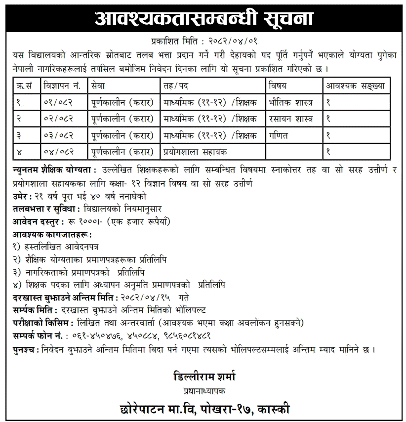 Teacher and Lab Assistant Vacancy at Chhorepatan Secondary School 