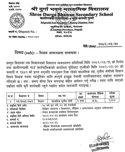 Teacher Vacancy at Shree Durga Bhawan Secondary School 