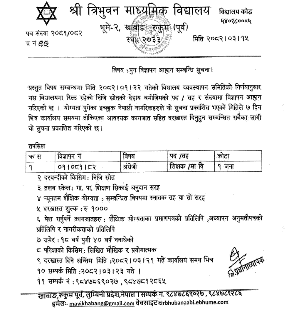 Teacher Vacancy at Tribhuwan Secondary School Rukum East 2082 