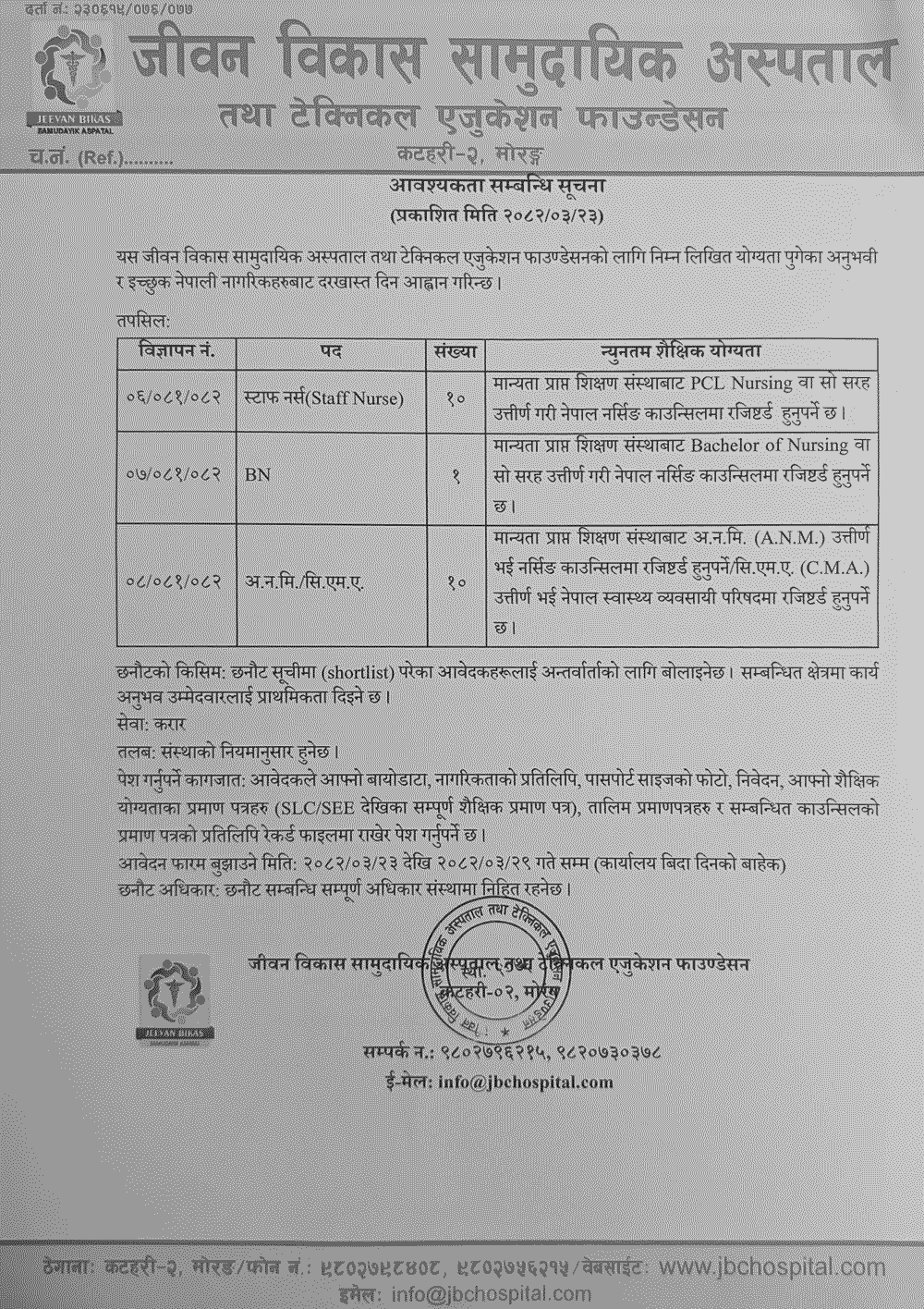 Vacancy Announcement at Jeevan Bikas Community Hospital 