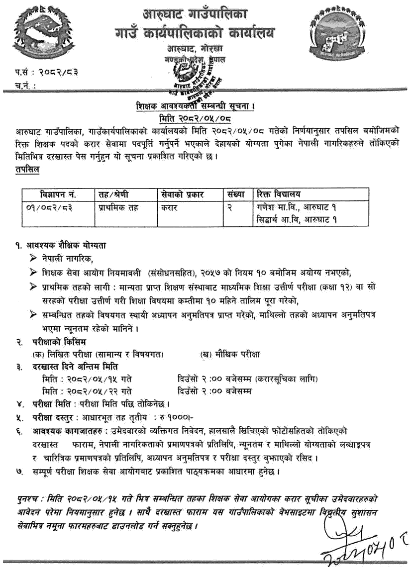 Aarughat Rural Municipality Primary Teacher Vacancy 2082 