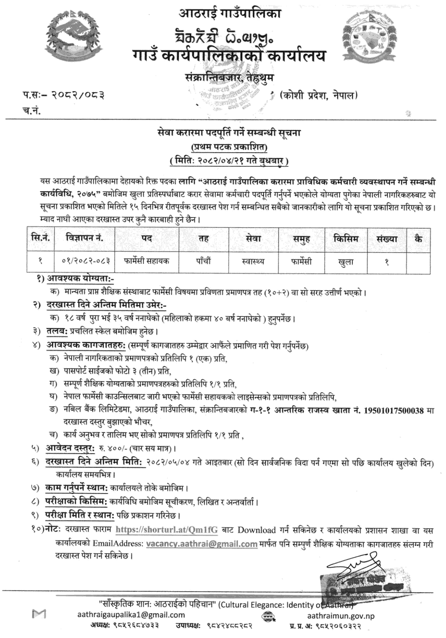 Aathrai Rural Municipality Contract Pharmacy Assistant Vacancy 