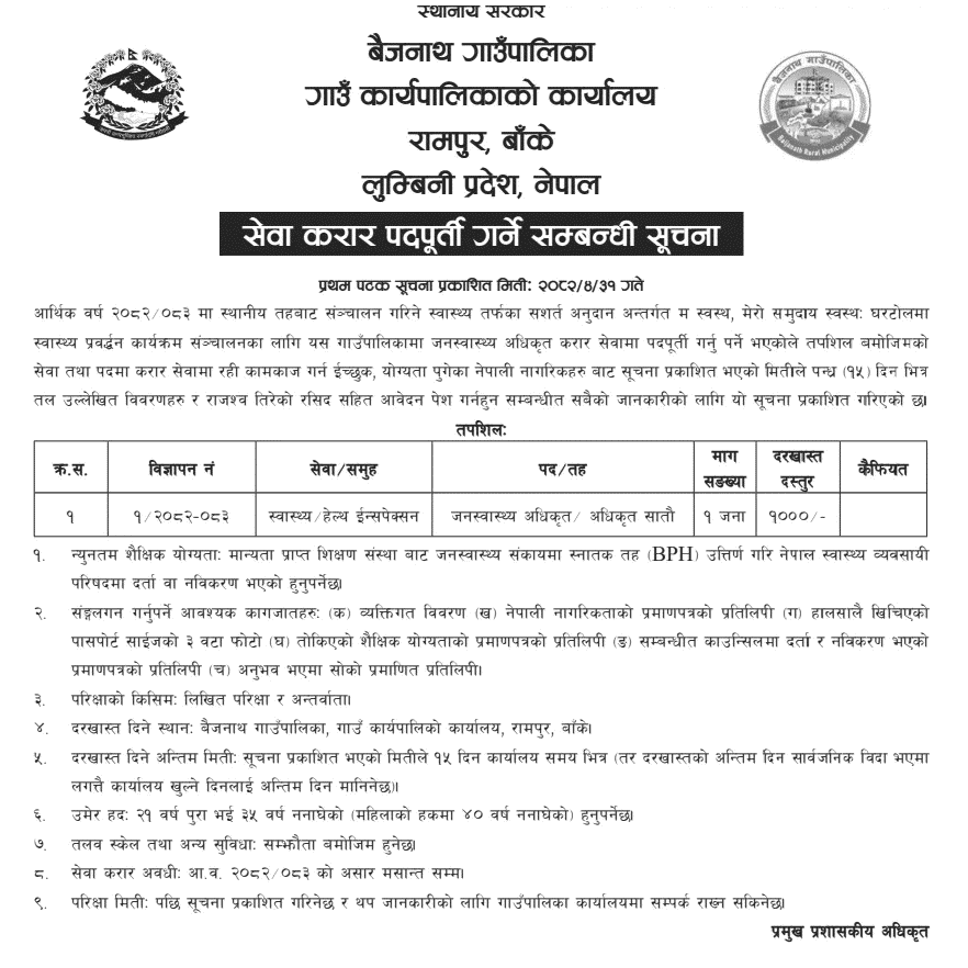 Baijanath Rural Municipality Public Health Officer Vacancy 