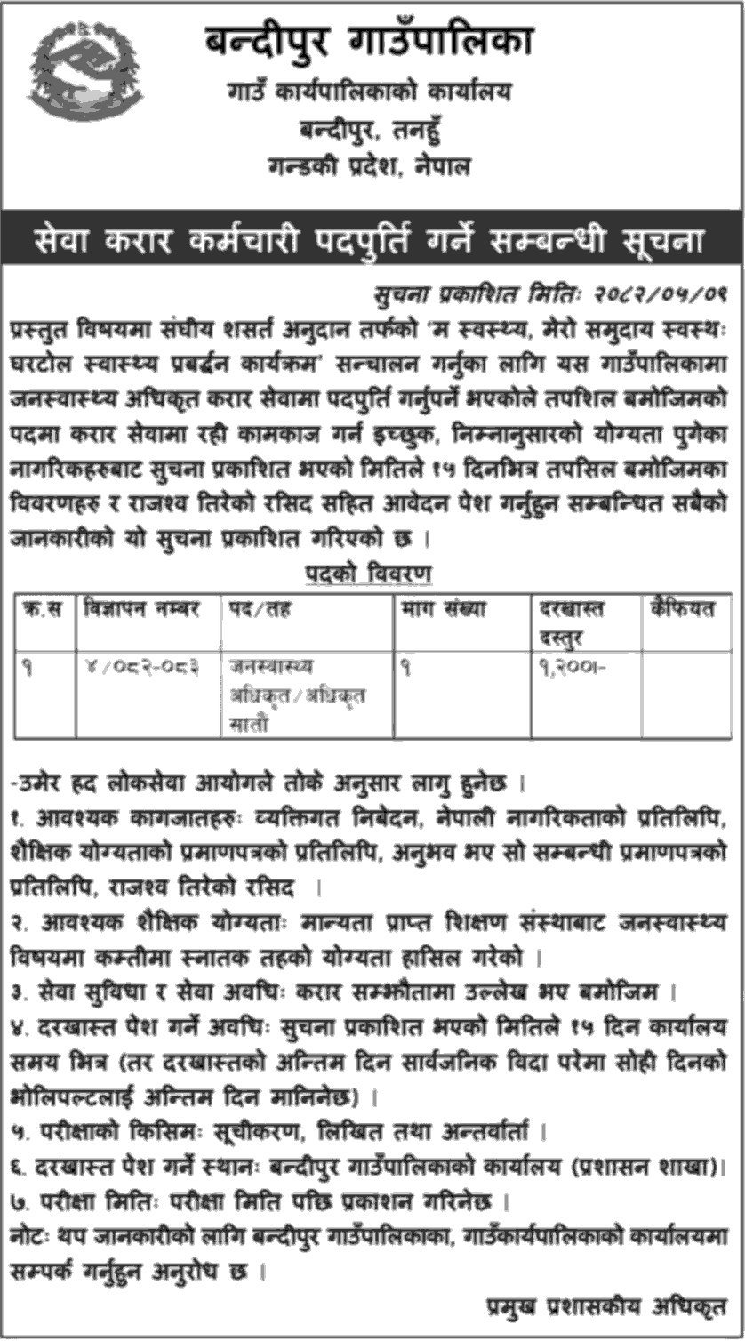 Bandipur Rural Municipality Public Health Officer Vacancy 2082 