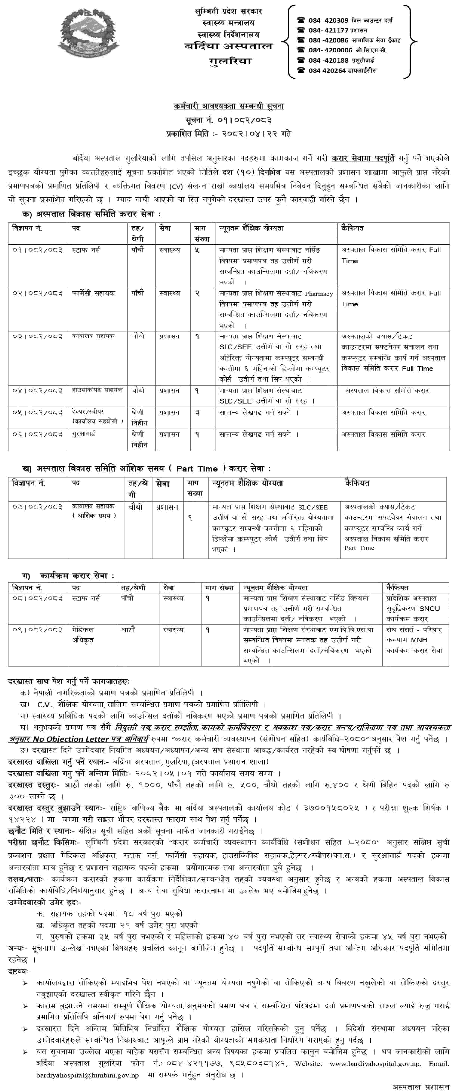 Bardiya Hospital Vacancy for Various Positions 2082 