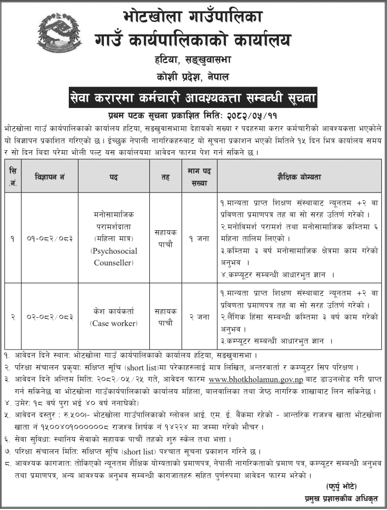 Bhotkhola Rural Municipality Contract Staff Vacancy 2082 