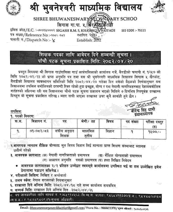 Bhuwaneshwary Secondary School Science Teacher Vacancy 