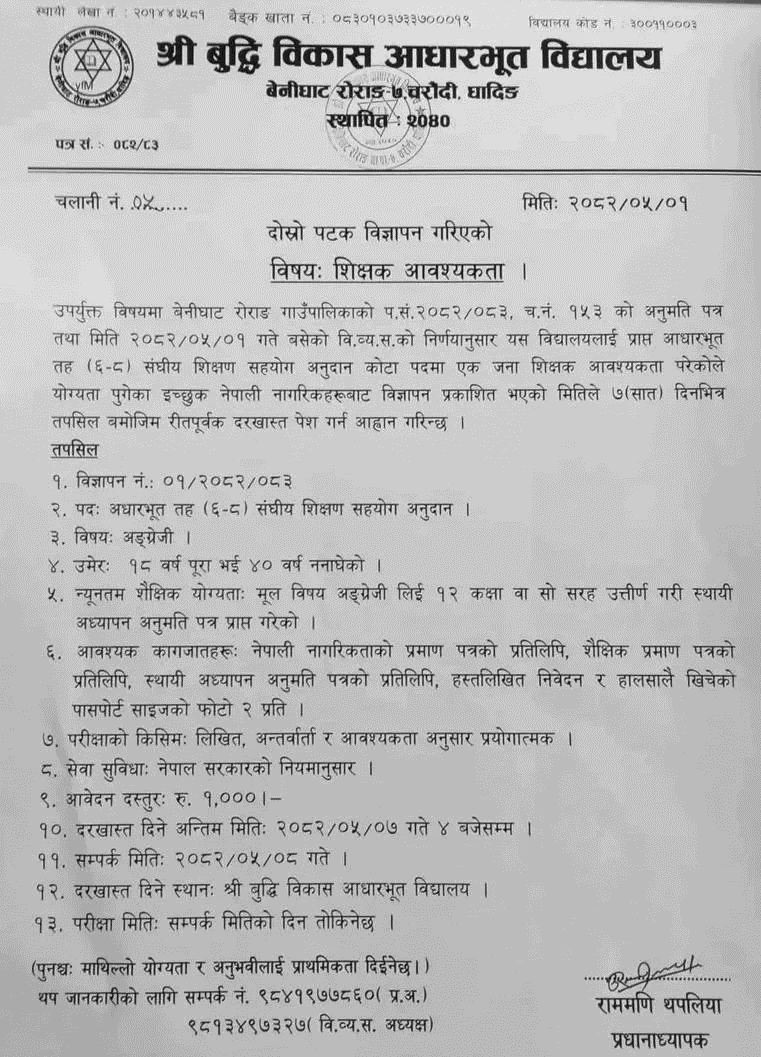 Buddhi Bikash Basic School Vacancy for English Teacher 2082 