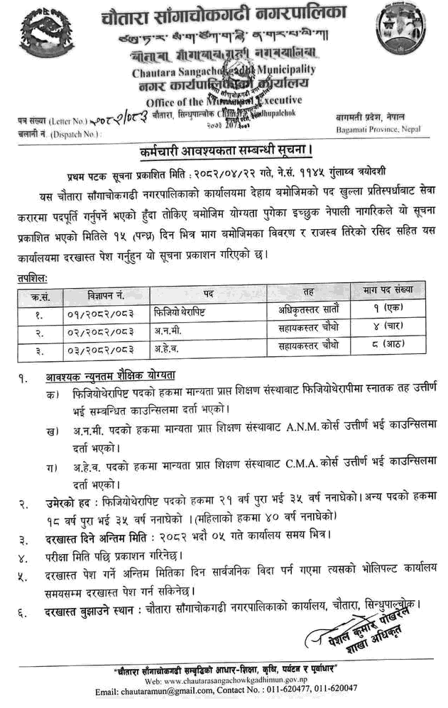 Chautara Sangachokgadhi Municipality Health Staff Vacancy 2082 