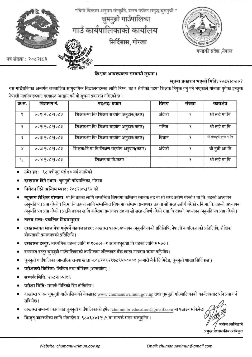 Chumnubri Rural Municipality Teacher Vacancy 2082 