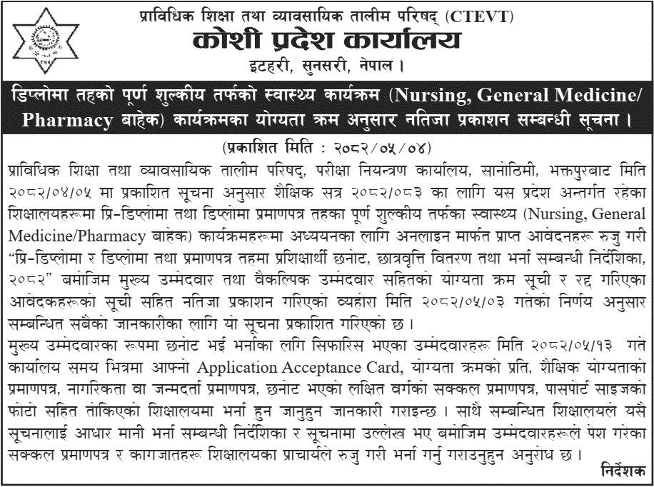 CTEVT Koshi Province Full Fee Health Program Result 2082 