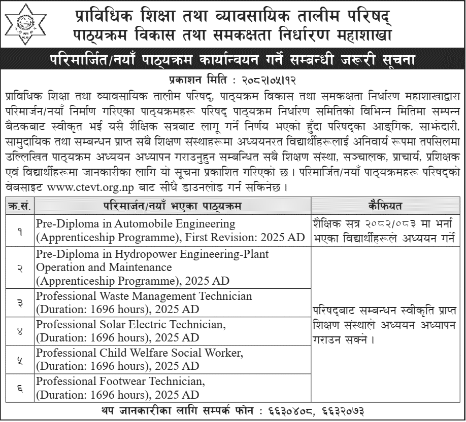 CTEVT Notice on Implementation of Revised and New Curricula 