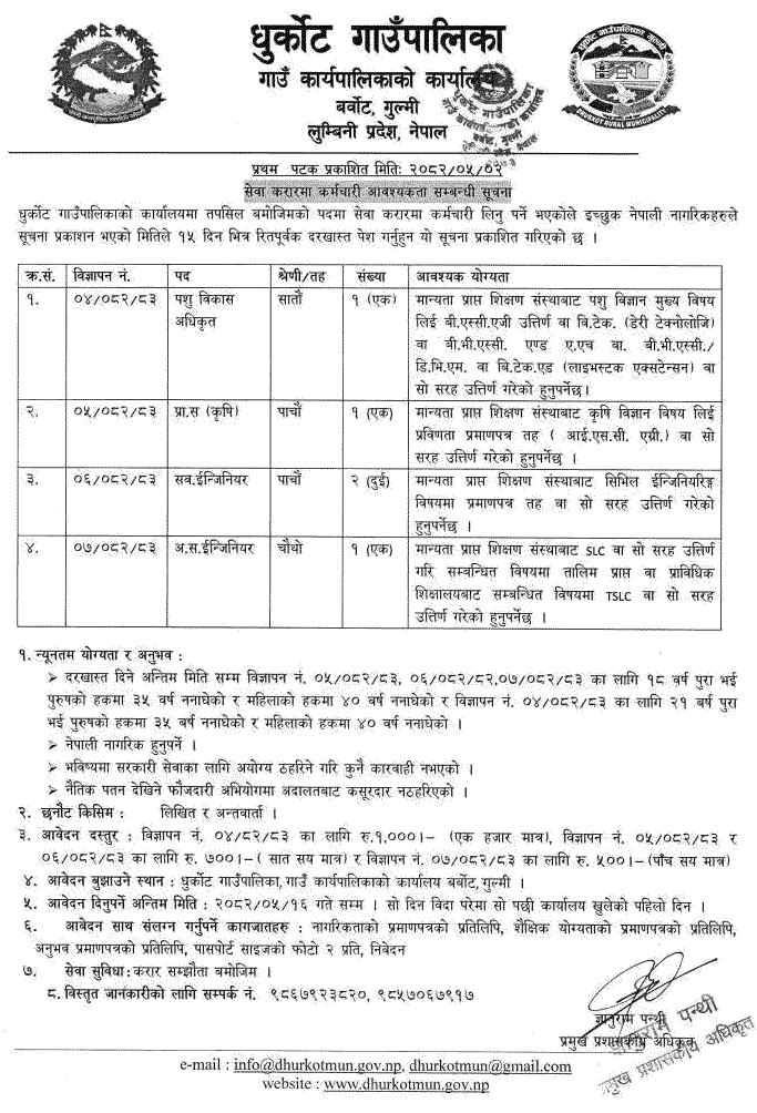 Dhurkot Rural Municipality Service Contract Vacancy 2082 