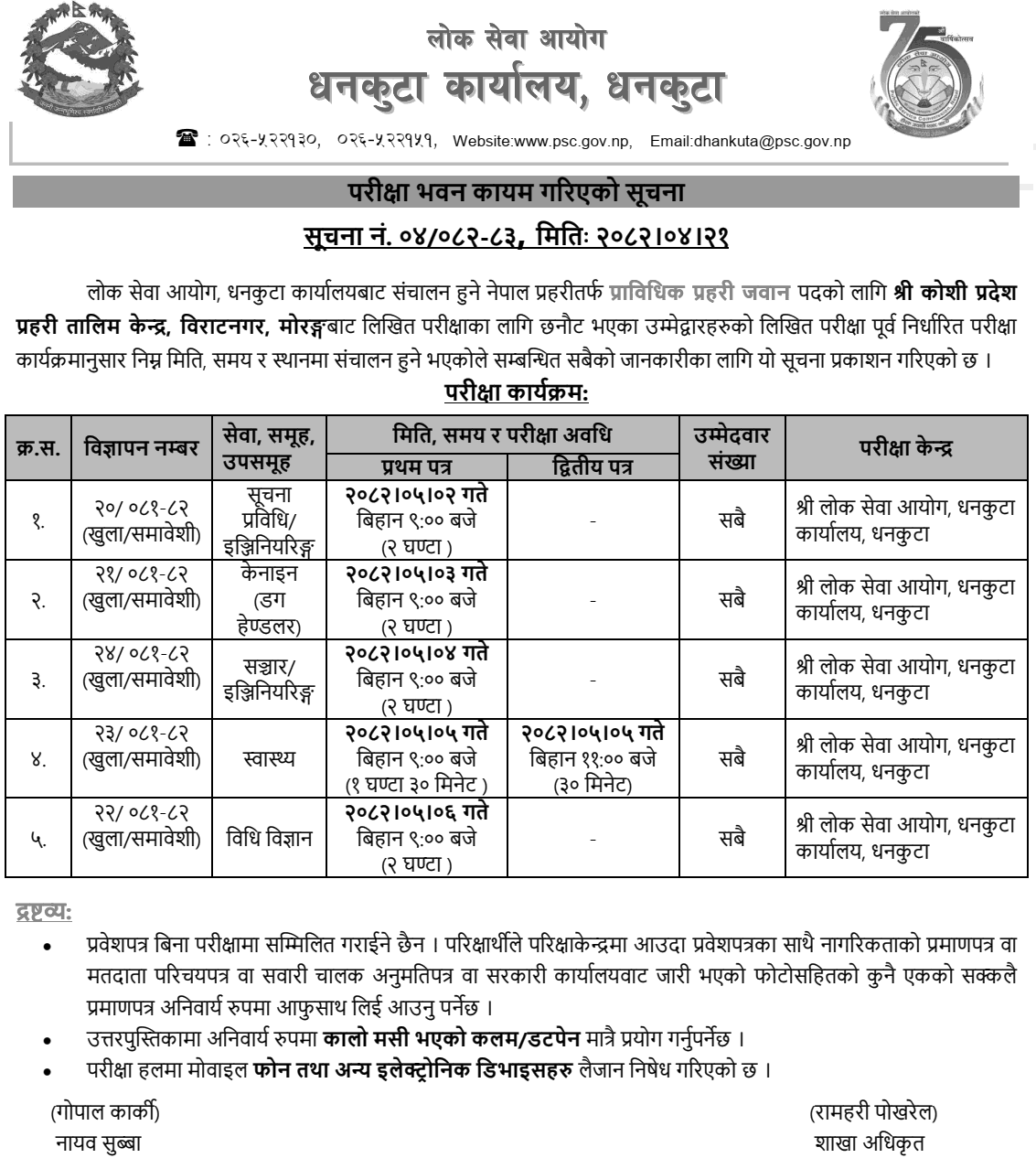 Exam Center Dhankuta Notice for Prabidhik Prahari Jawan 2082 
