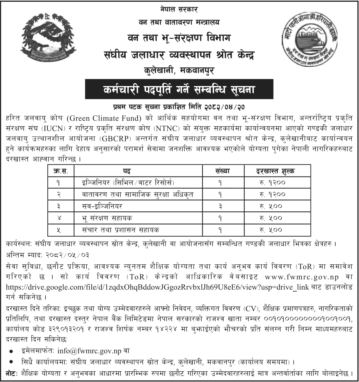 Federal Watershed Management Resource Center, Kulekhani, Vacancy 