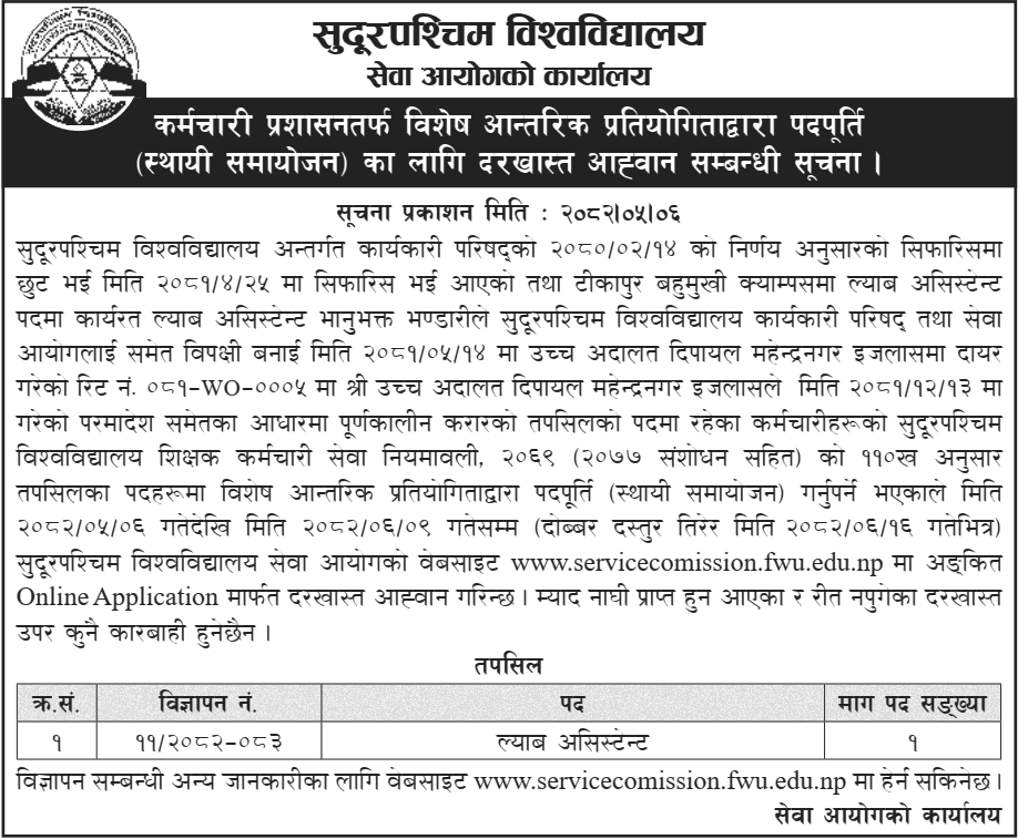 FWU Special Internal Competition Vacancy Notice 2082 
