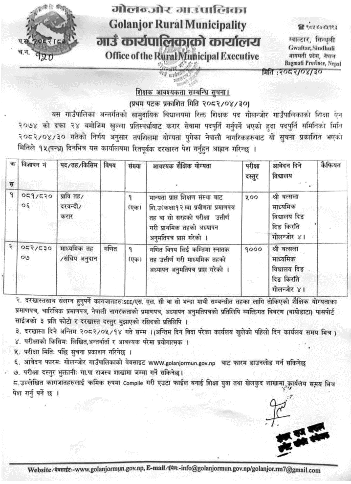 Golanjor Rural Municipality Teacher Vacancy 2082 