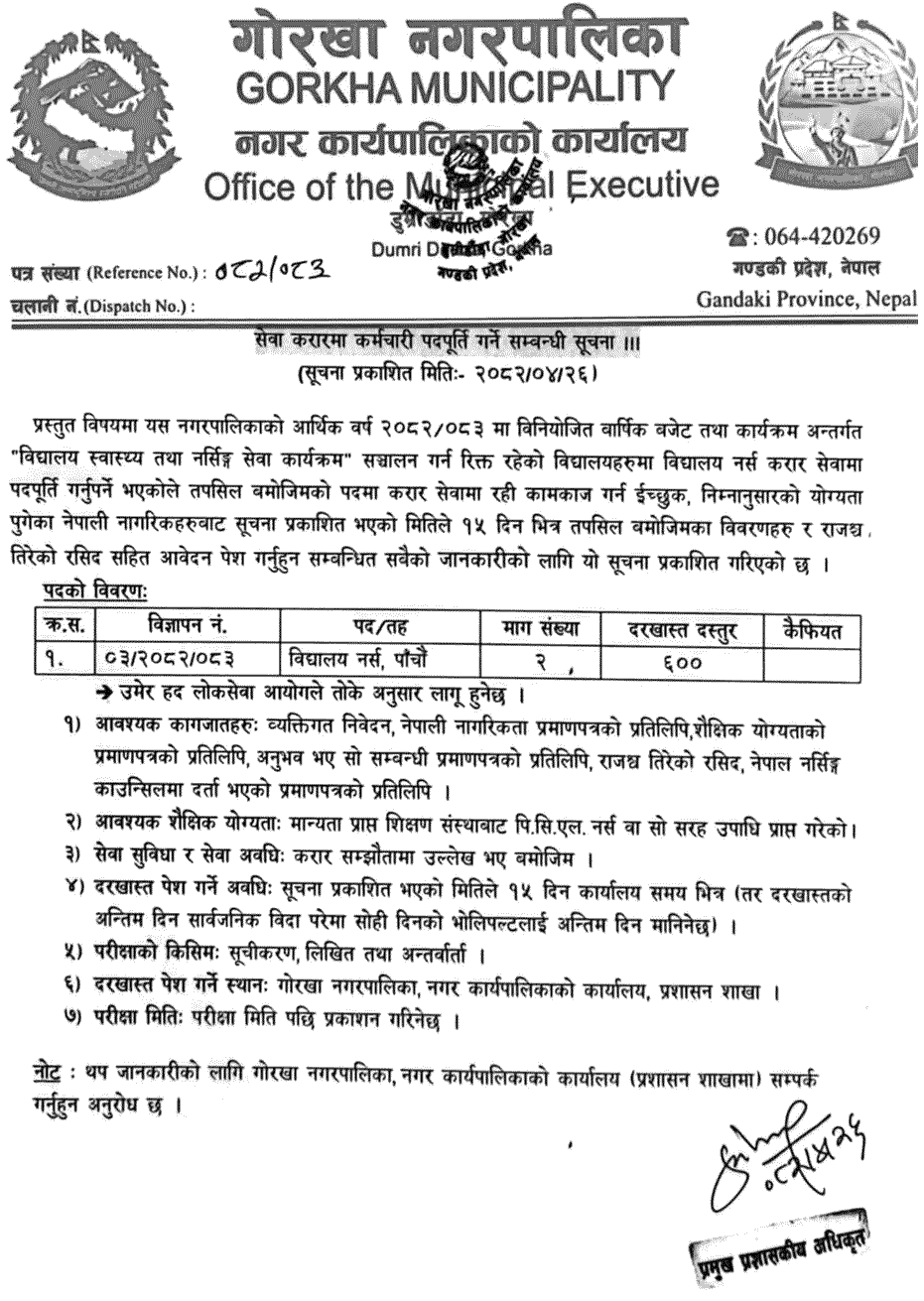Gorkha Municipality School Nurse Contract Recruitment 