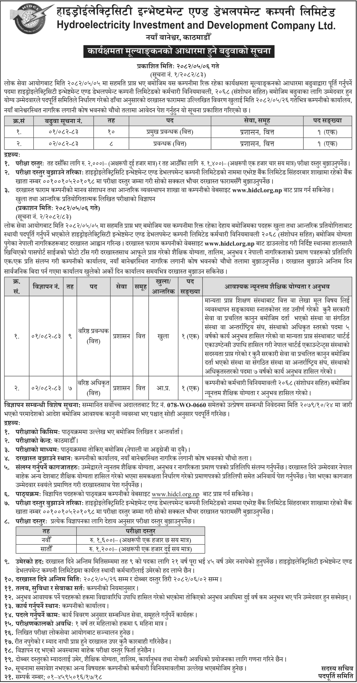 HIDCL Promotion and Vacancy Notice 2082