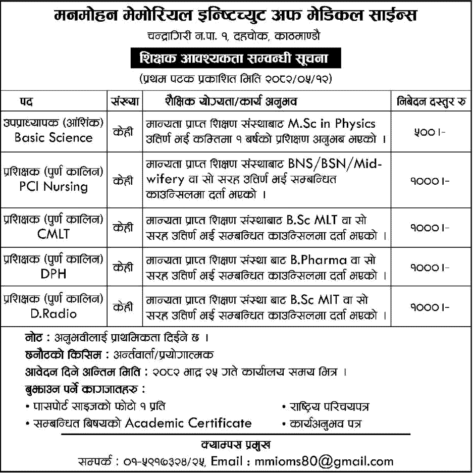 Manmohan Memorial Institute of Medical Sciences Vacancy 2082 
