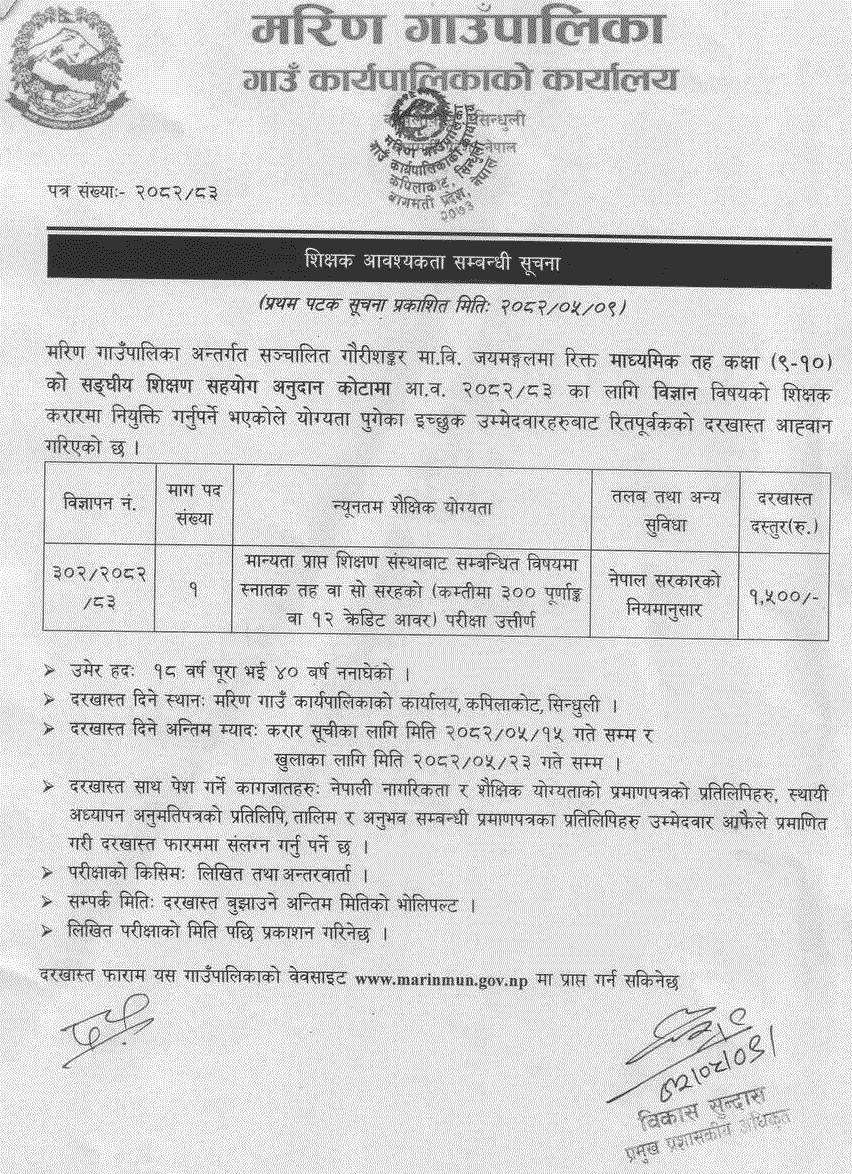 Marin Rural Municipality Science Teacher Vacancy 2082 