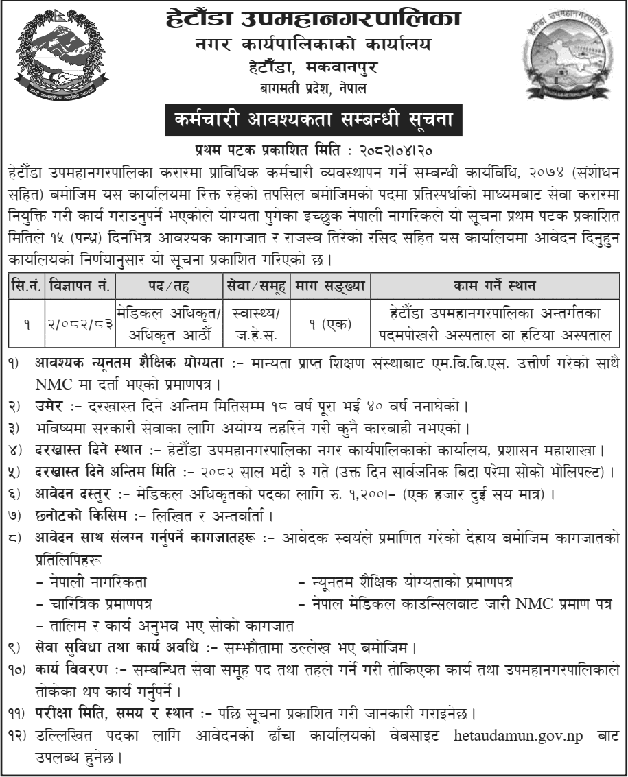 Medical Officer Vacancy Hetauda Sub-Metropolitan City 2082 