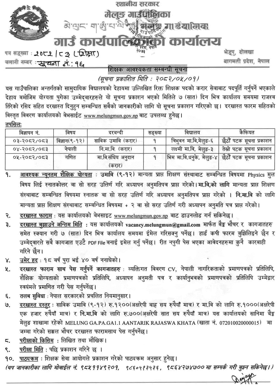 Melung Rural Municipality Teacher Vacancy 2082 