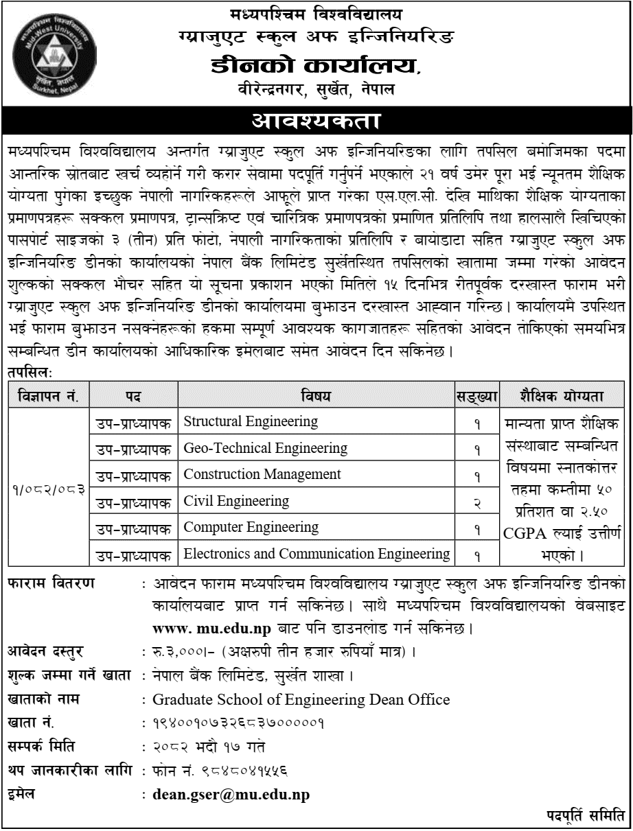 Mid-West University Engineering Faculty Assistant Professor Vacancy Notice 