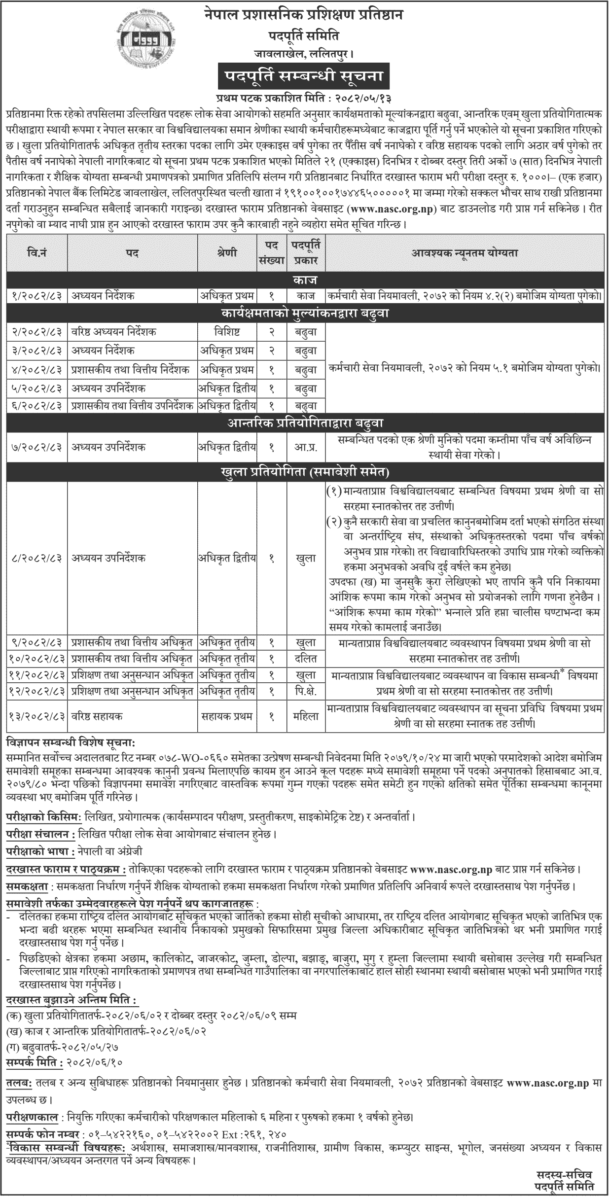 Nepal Administrative Staff College (NASC) Vacancy 2082 