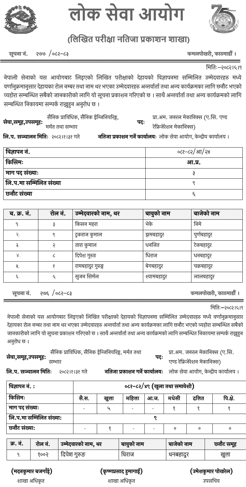 Nepal Army AC and Refrigeration Mechanics Written Exam Result