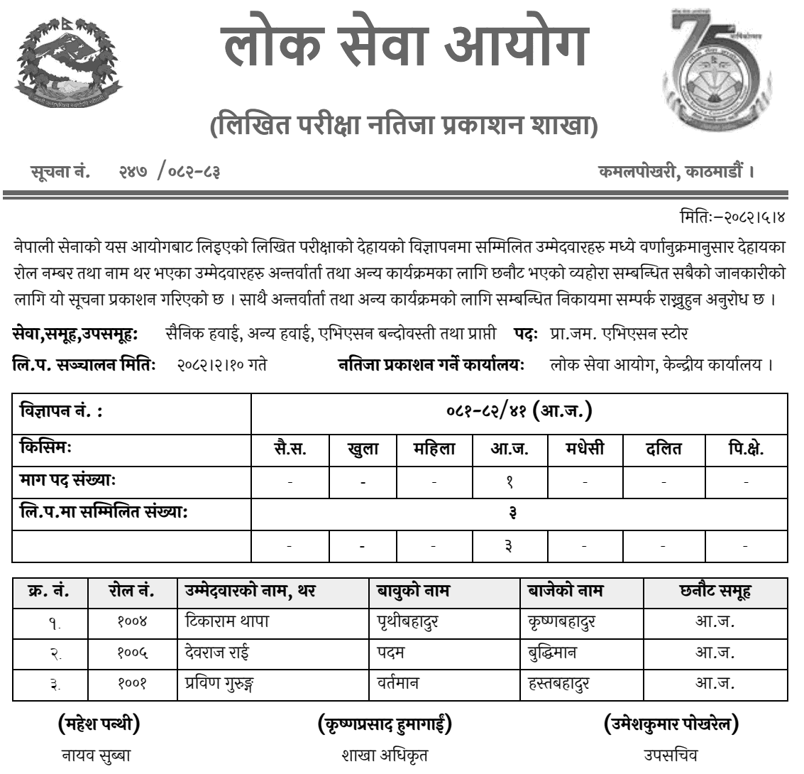 Nepal Army Aviation Jamdar Written Result 2082 