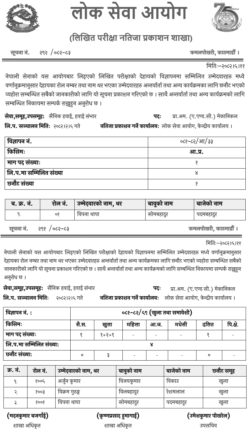 Nepal Army Prabidhik Amaldar AC Mechanical Written Exam Result 2082 