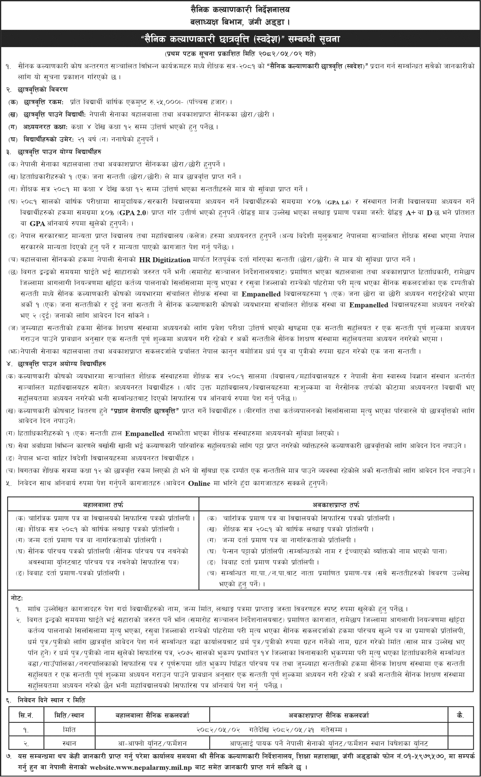 Nepal Army Welfare Scholarship (Domestic) 