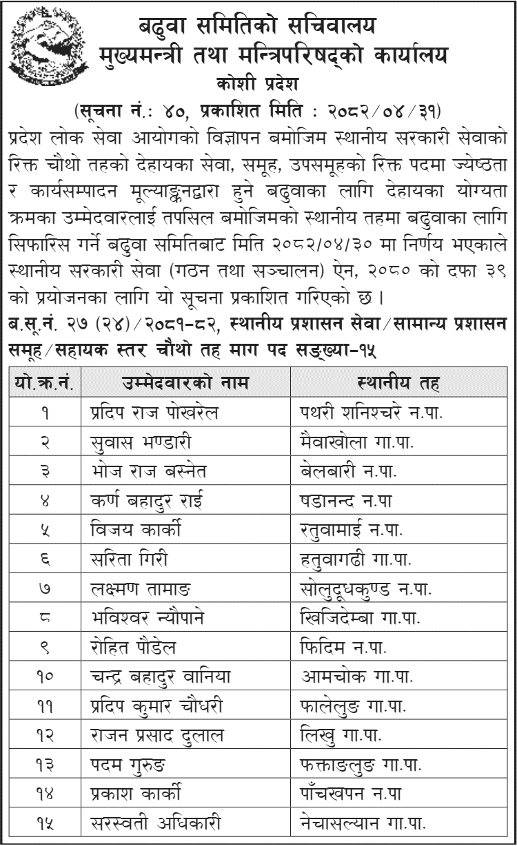 OCMCM Koshi Local Government Service Promotion Recommendation 2082 