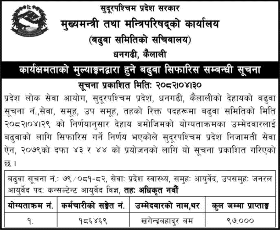 OCMCM Sudurpaschim Promotion List for Consultant Ayurveda Expert 