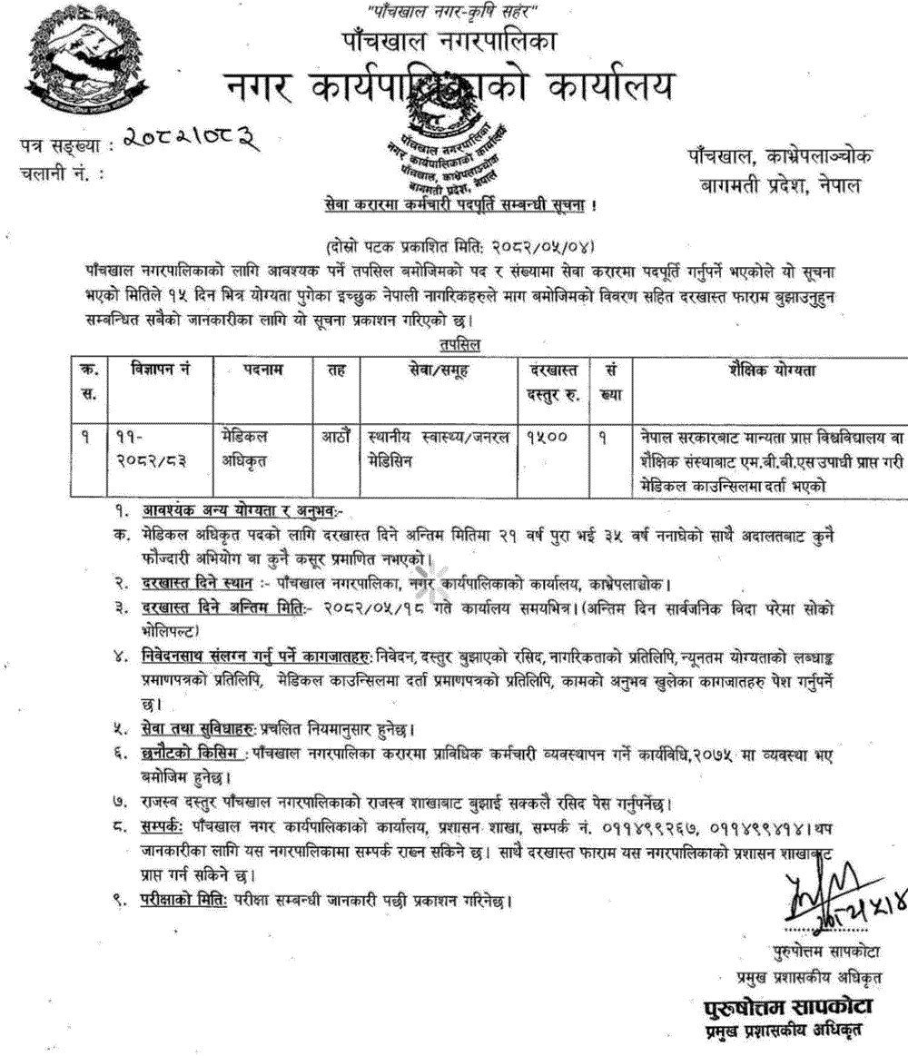 Panchkhal Municipality Medical Officer Vacancy 2082 