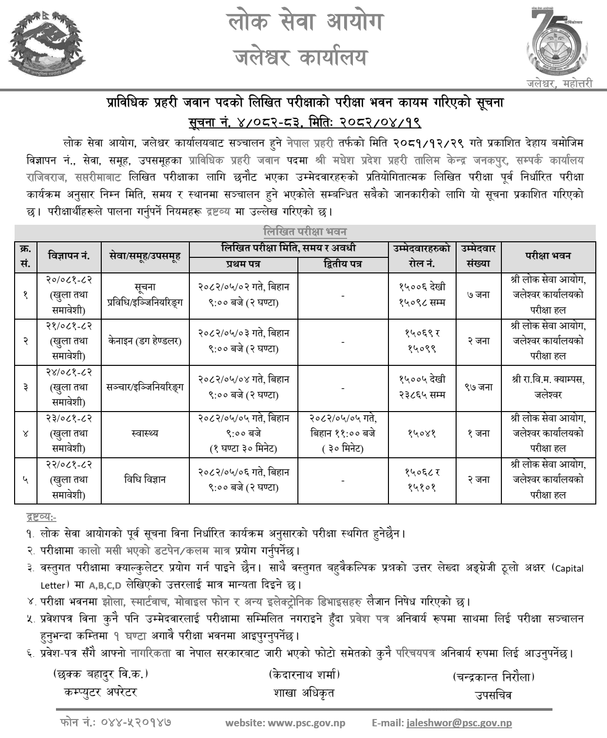 Prabidhik Prahari Jawan Exam Centers in Jaleshwor 2082 