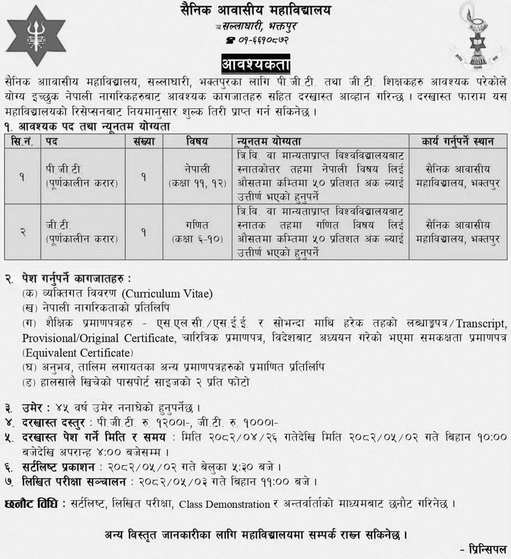 Sainik Awasiya Mahavidyalaya Bhaktapur PGT and GT Teacher Vacancy 