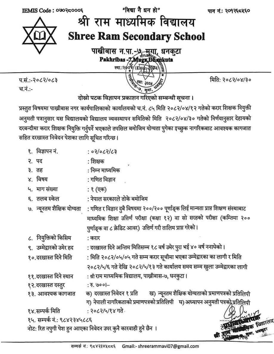 Shree Ram Secondary School Math Science Teacher Vacancy 