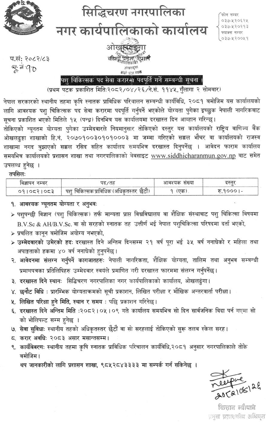 Siddhicharan Municipality Veterinary Officer Contract Vacancy 