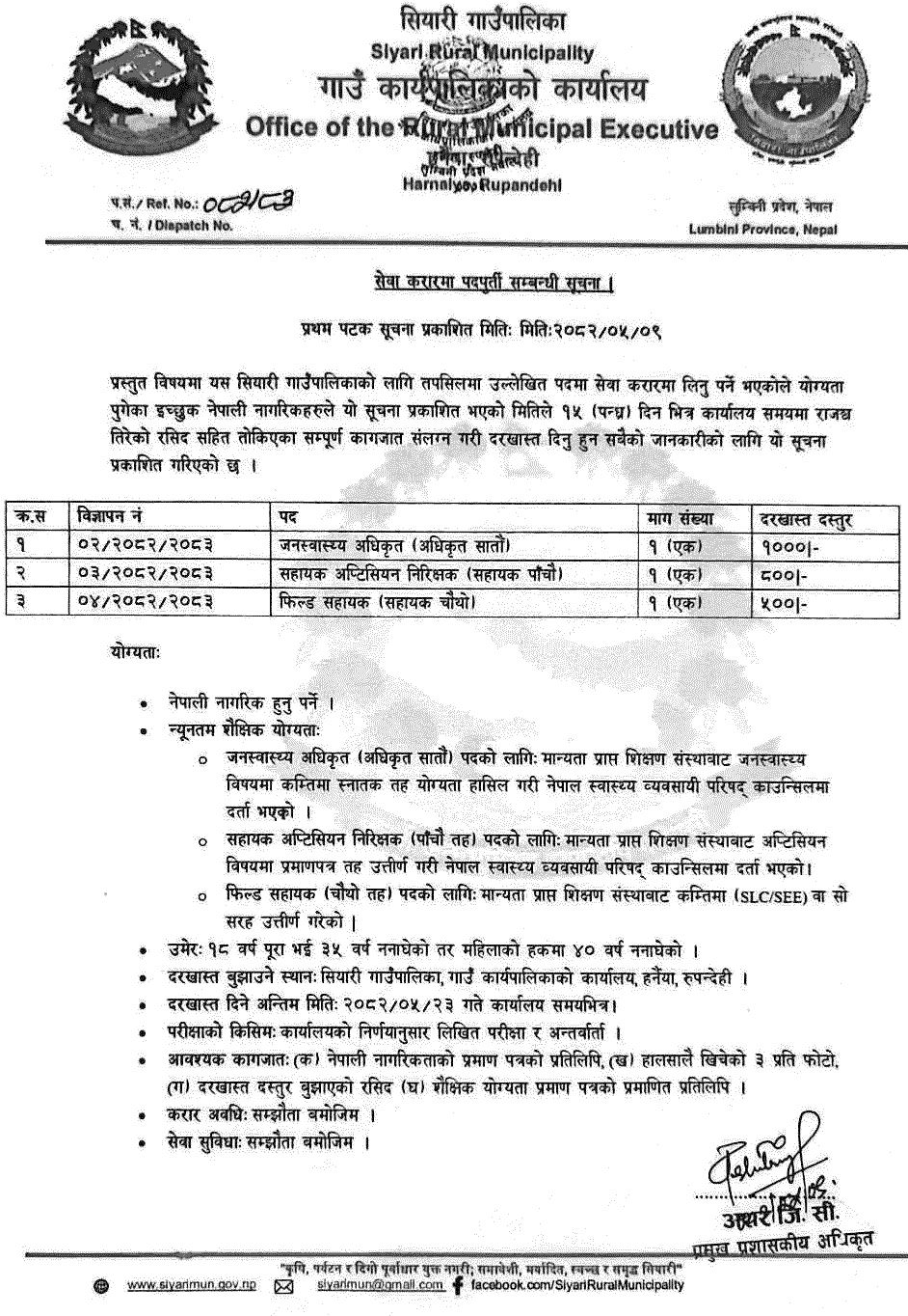 Siyari Rural Municipality Vacancy for Various Positions 2082 