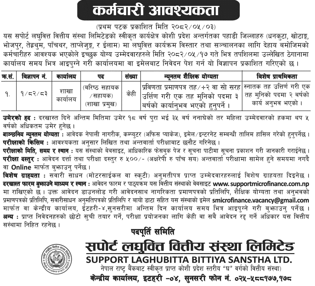 Support Laghubitta Vacancy 2082 Branch Manager 