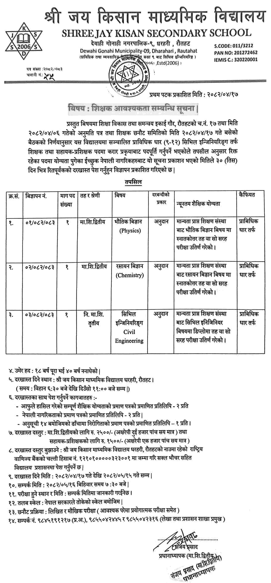 Teacher and Instructor Vacancy  Jay Kisan Secondary School 