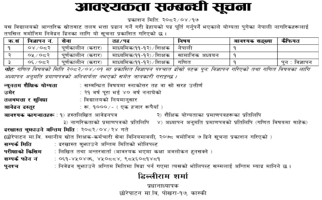 Teacher Vacancy at Chhorepatan Secondary School 