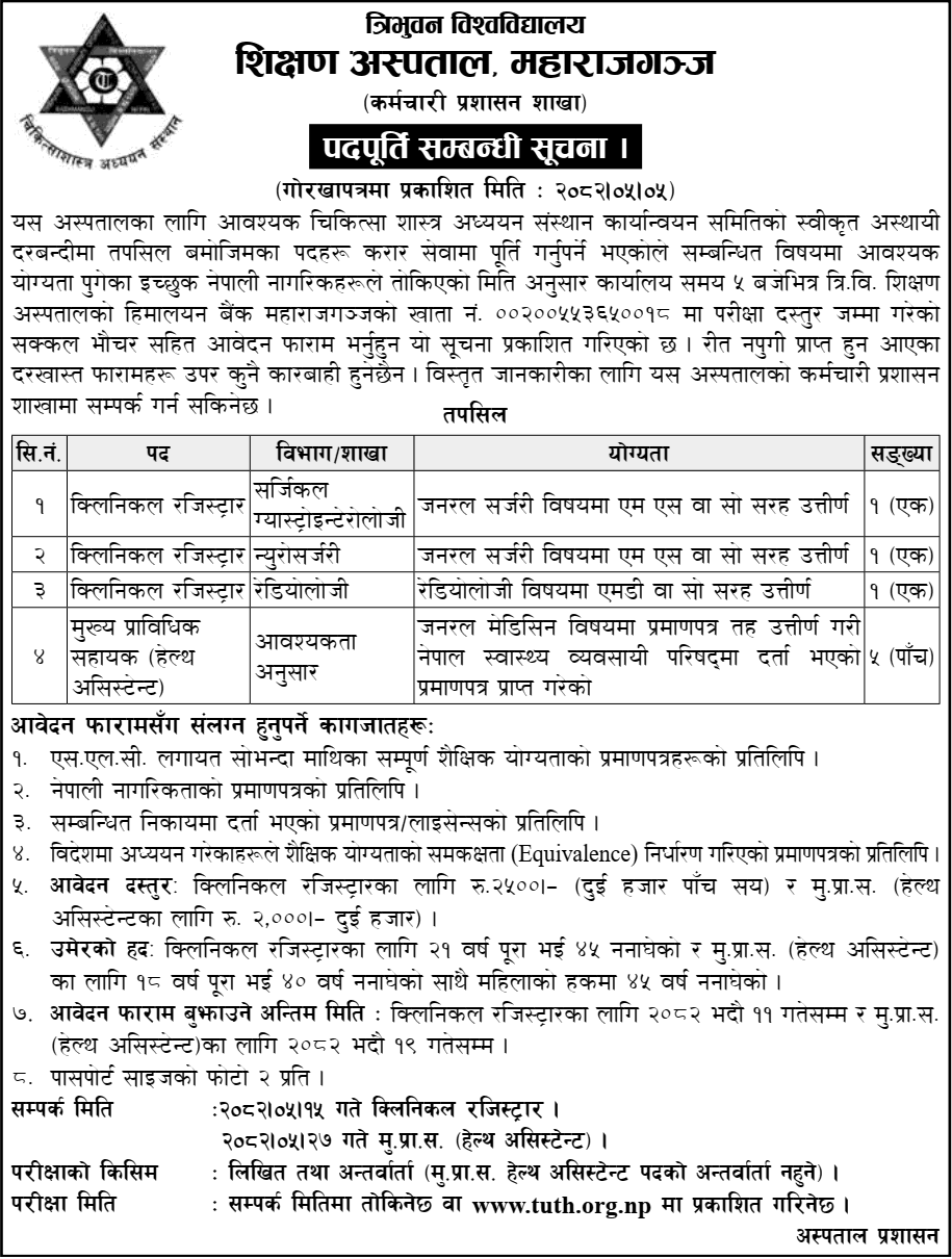 Tribhuvan University Teaching Hospital Vacancy Notice 2082 